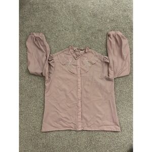 Pat Fashions Blouse Women 38 Mauve Excellent Embroidered Scalloped Ruffle Collar